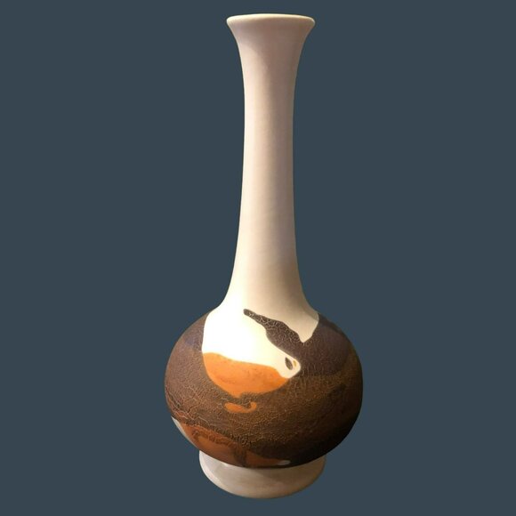 VTG Haeger USA Bulb Art Vase MCM Rustic Brown & White Finish - Picture 1 of 6